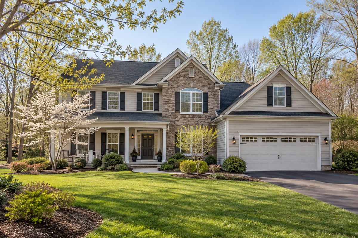 A springtime home exterior in a tree-lined Southern Maryland neighborhood, illustrating the best time to sell a St. Mary's County home.