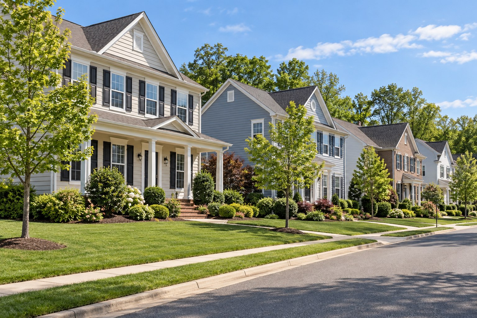 Illustrative California, Maryland-style detached homes along a landscaped residential street