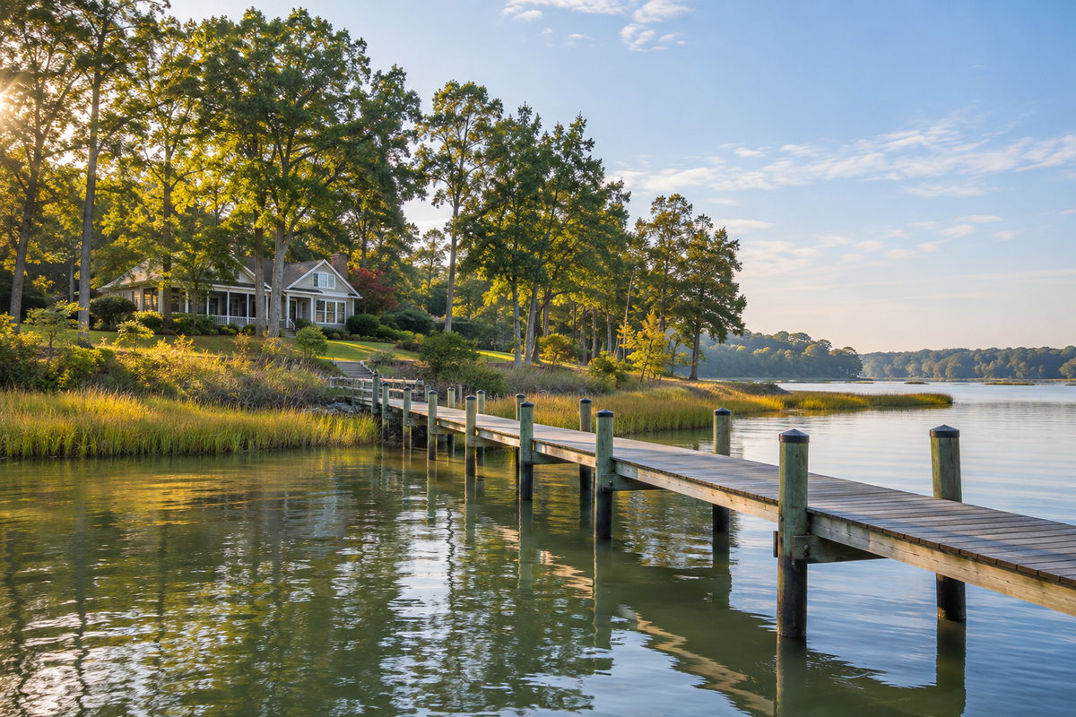 A modest Southern Maryland waterfront home and private pier on a calm tidal creek.