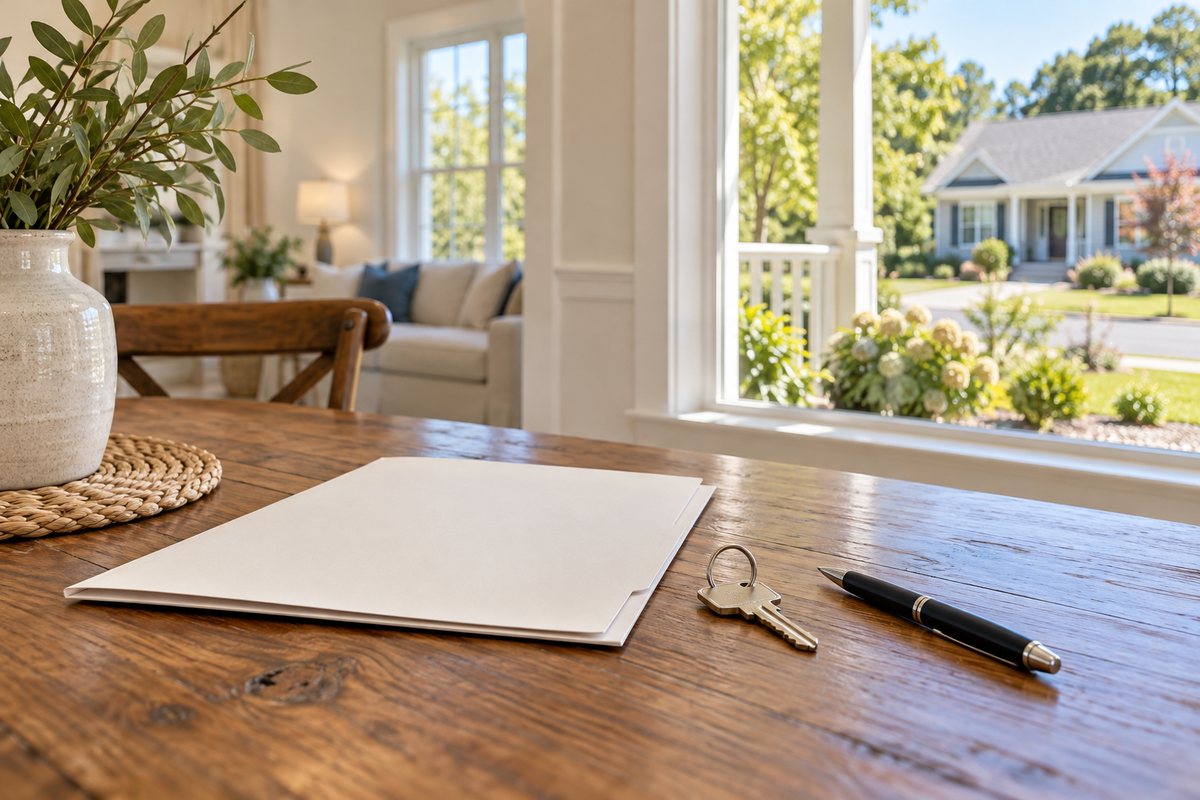 A home preparation folder and keys beside a Southern Maryland house, illustrating how to choose a listing agent in Leonardtown.