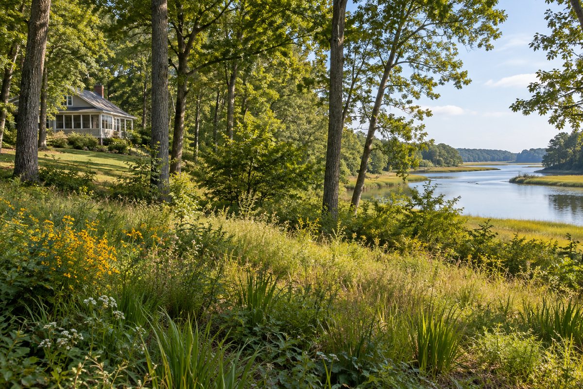 A wooded creekside home and natural shoreline buffer illustrating Maryland Critical Area considerations for waterfront property.