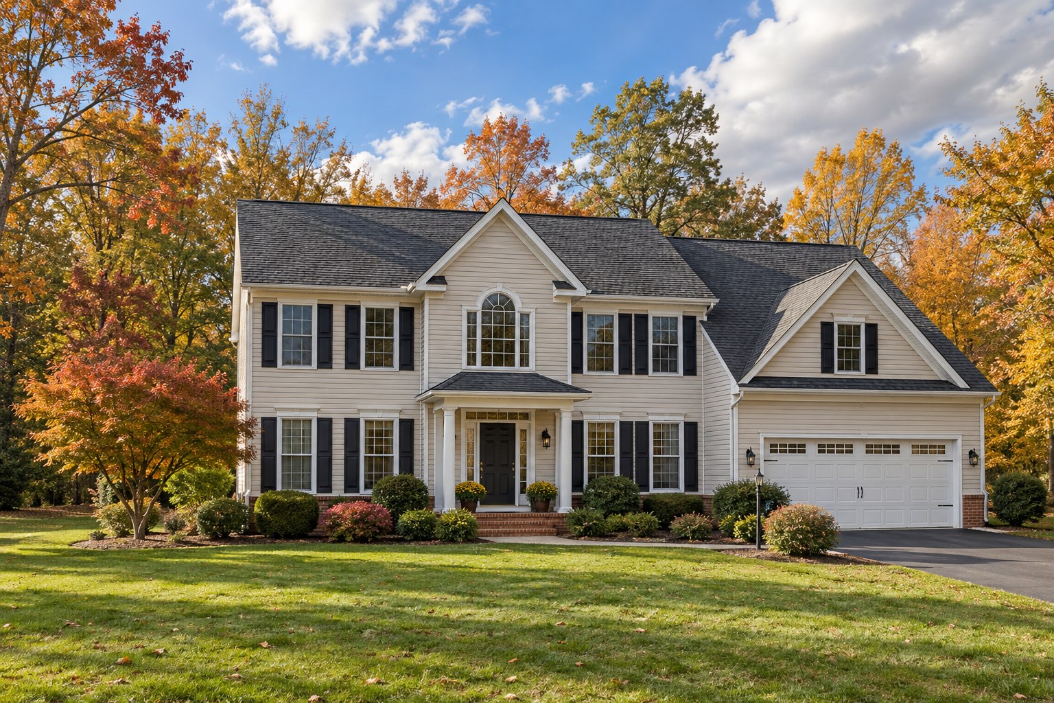 Illustrative Prince Frederick-style colonial home with a visible roof, maintained lawn and setback trees