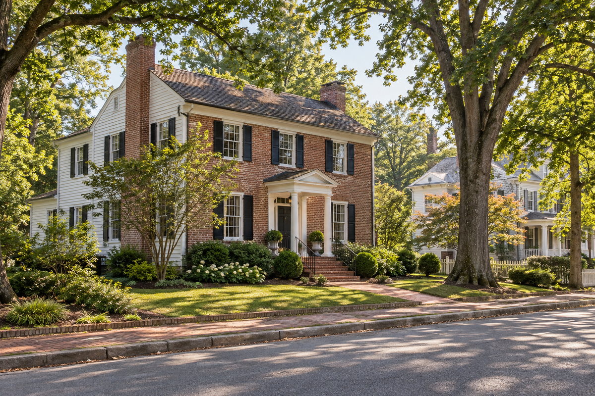 A traditional brick and clapboard home on a leafy Leonardtown-style street, illustrating historic home details.