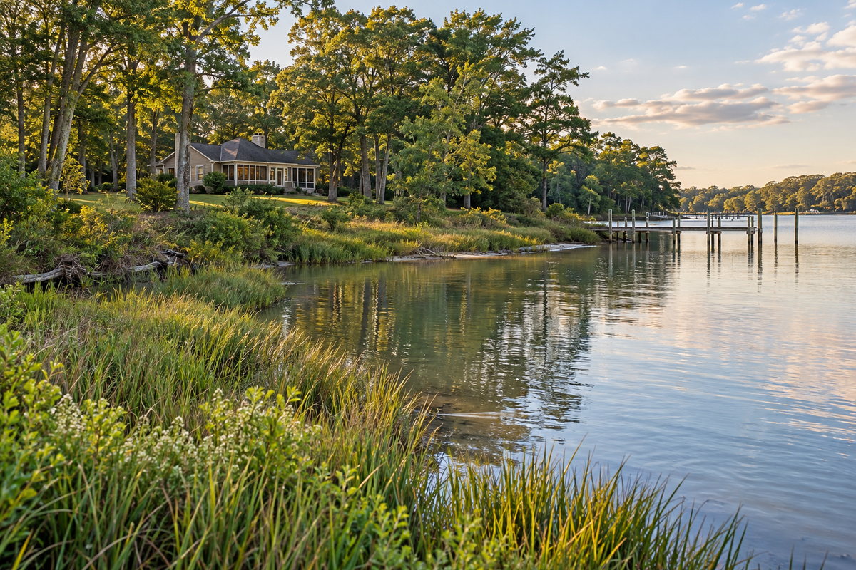 A tree-lined Southern Maryland tidal creek with marsh grasses and a modest waterfront home, illustrating a living shoreline.