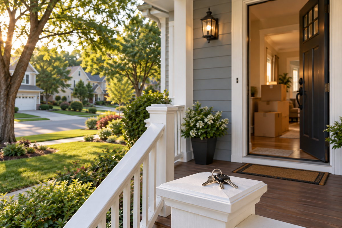 A Southern Maryland front porch with moving boxes and house keys, illustrating a PCS home purchase.