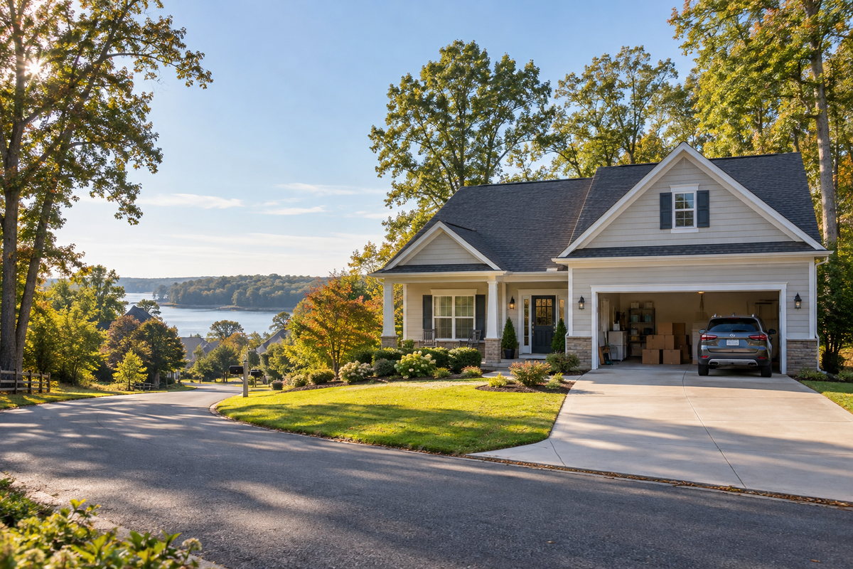 A detached Southern Maryland home with moving boxes in the garage, illustrating a civilian relocation for a NAVAIR-area job.