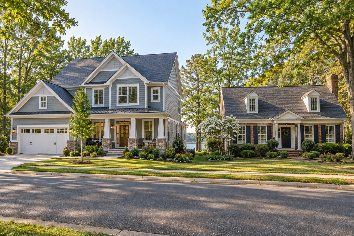 A newer craftsman-style home beside a traditional brick home on a leafy Southern Maryland street, illustrating new construction and resale.
