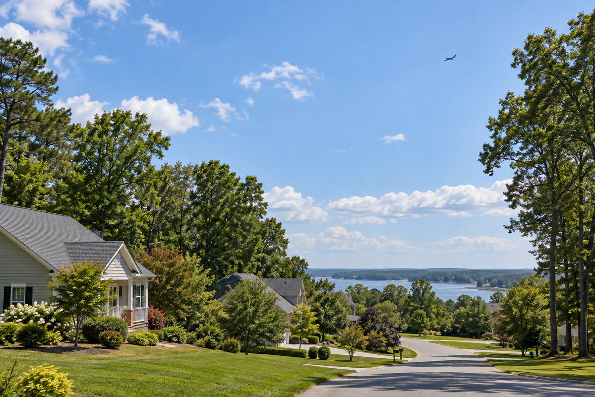 A Southern Maryland neighborhood beneath a distant aircraft, illustrating questions about noise near NAS Patuxent River.