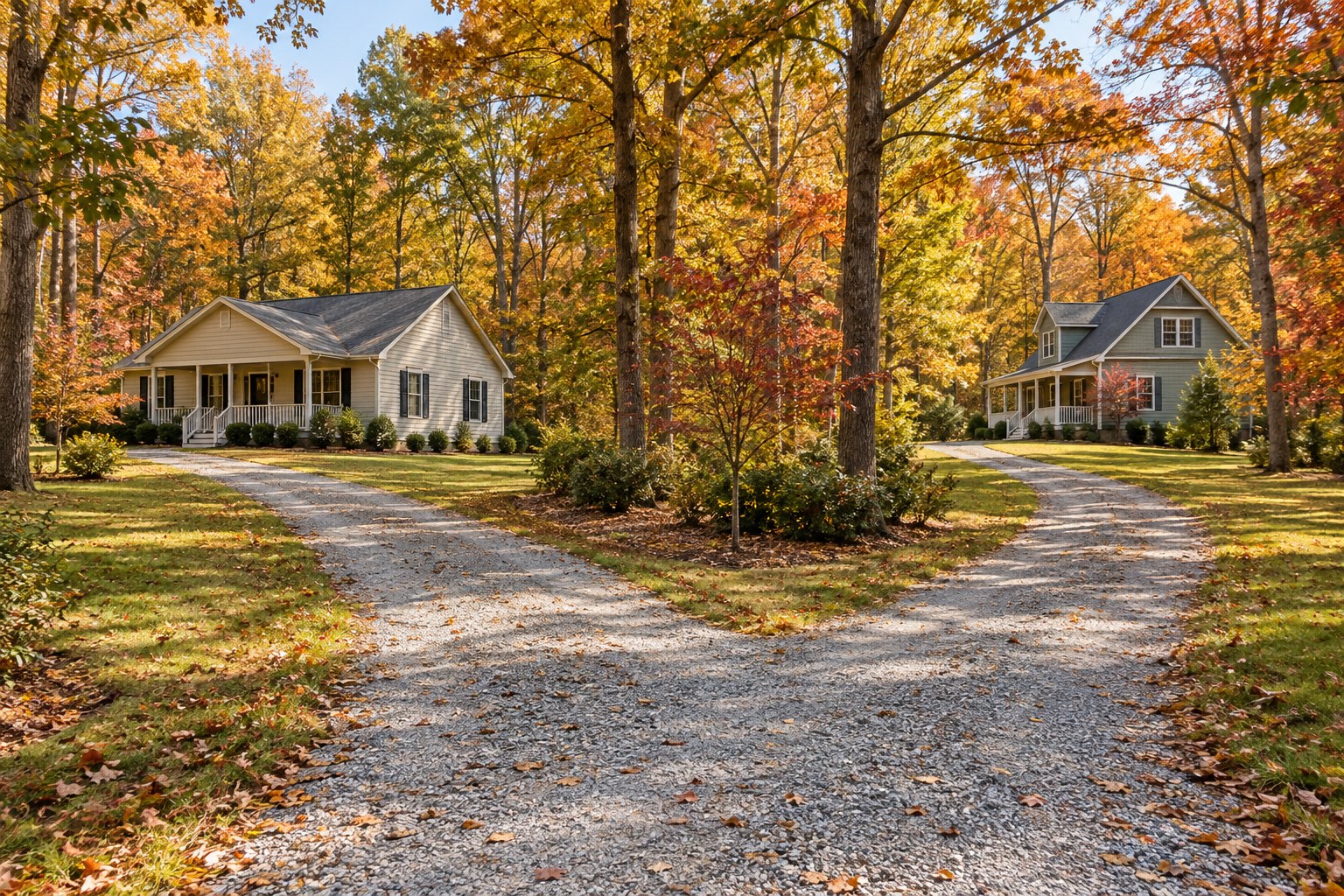 Illustrative Mechanicsville-style shared gravel driveway branching toward two rural detached homes