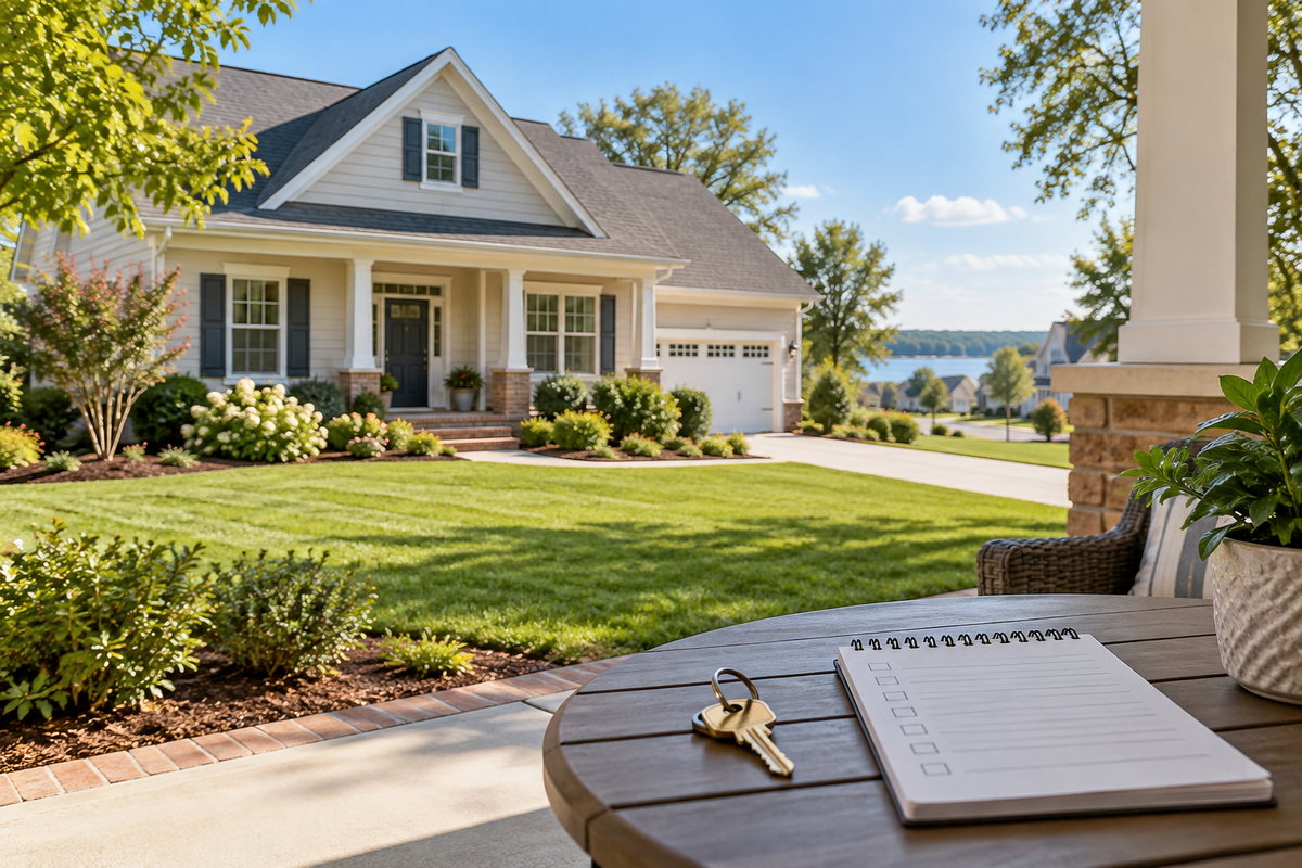 A Southern Maryland rental home with keys and a blank checklist on the porch, illustrating property management during PCS.