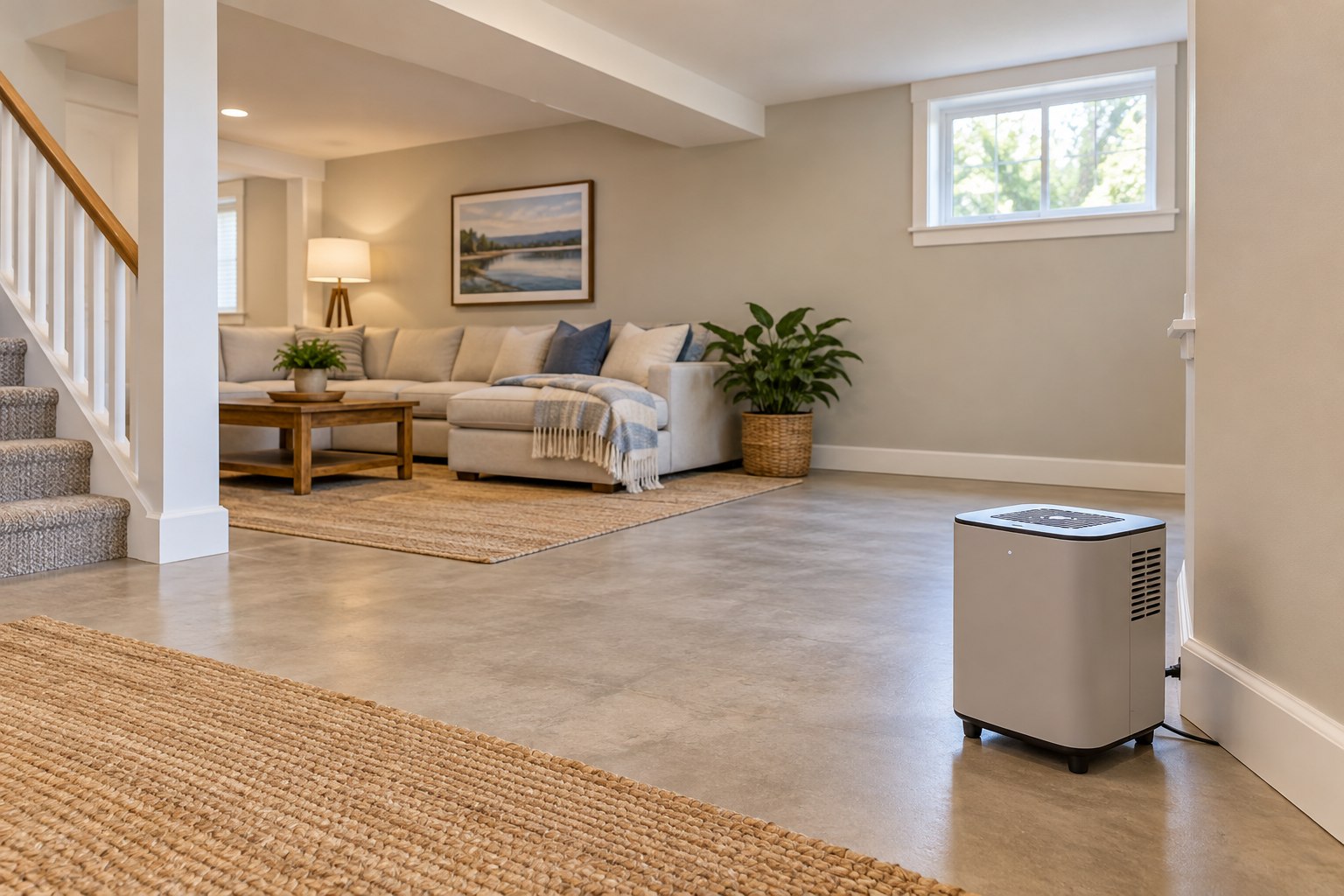 Illustrative Leonardtown-style finished basement with stairs, seating and open floor space