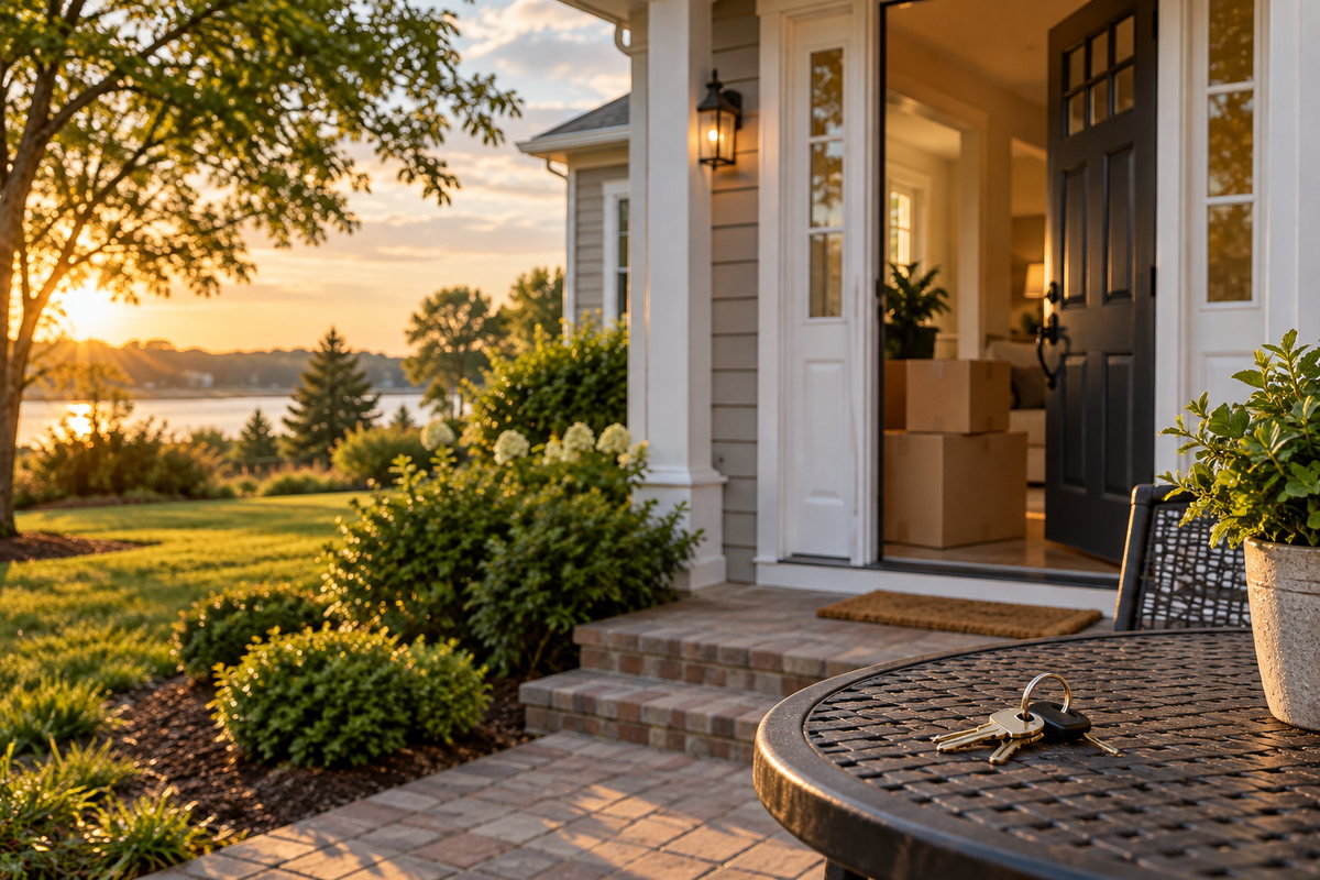 A Southern Maryland home with moving boxes and keys, illustrating a rent-or-sell decision after PCS orders.