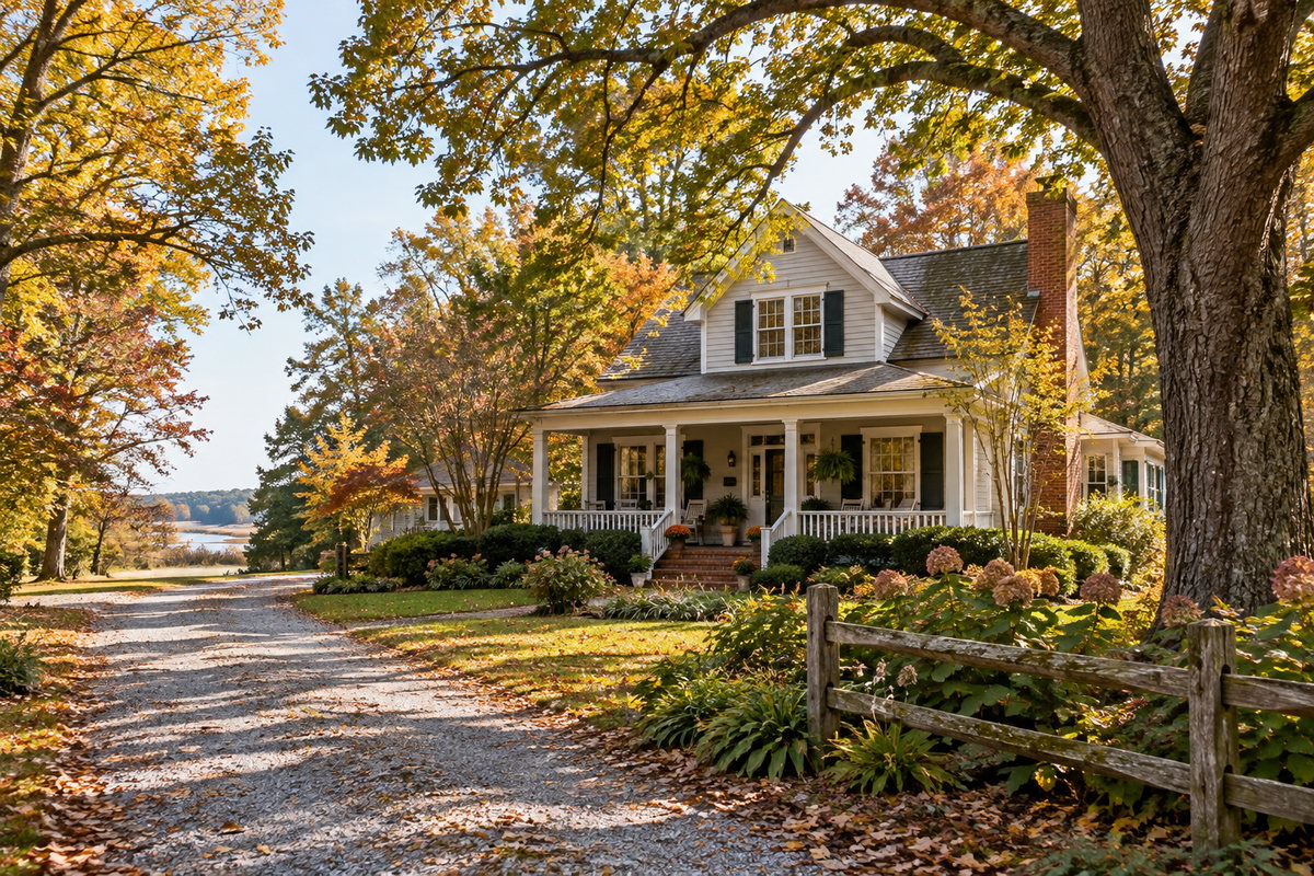 A cared-for older Southern Maryland home with mature shade trees and a garden, illustrating inherited-home decisions.