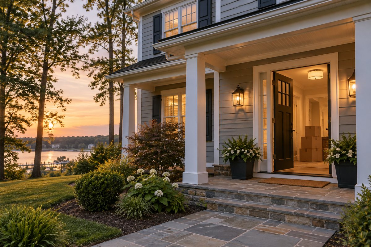 A Southern Maryland home with moving boxes near the entry, illustrating a home sale planned around PCS orders from Pax River.