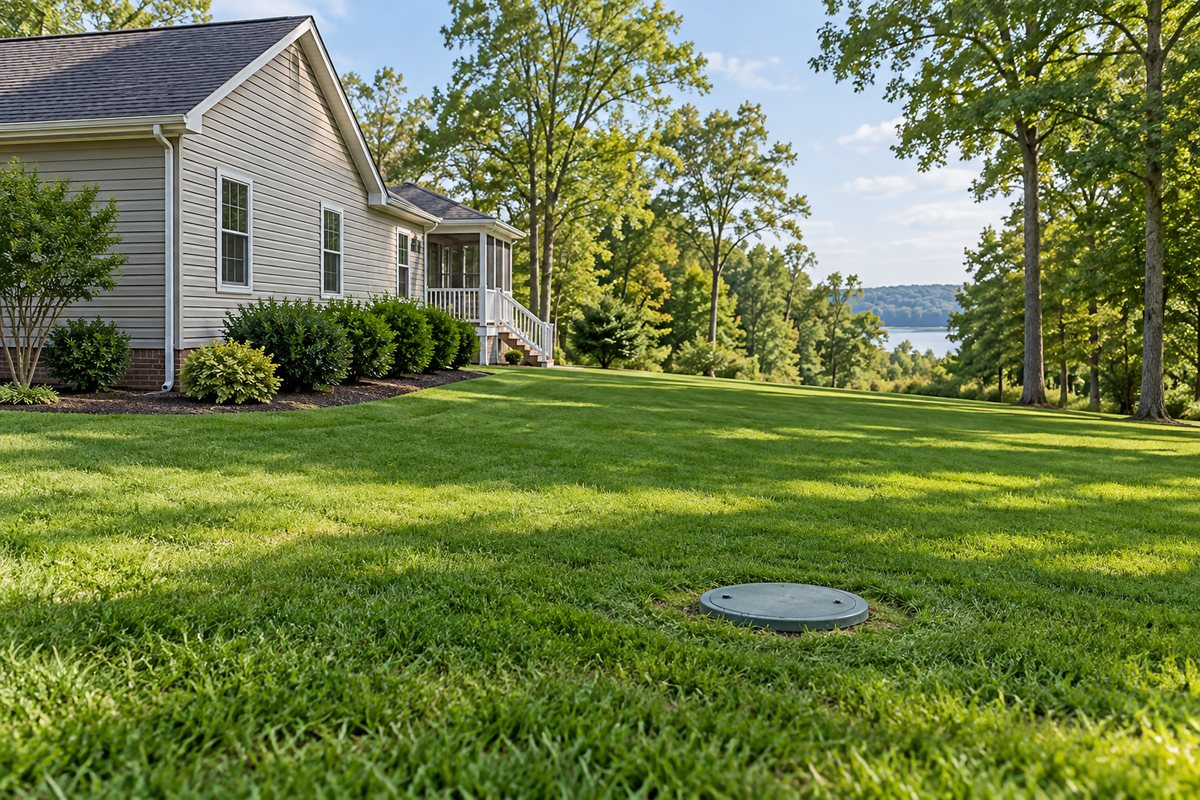 A Southern Maryland home and yard with a discreet septic access lid, illustrating septic replacement and BAT system considerations.