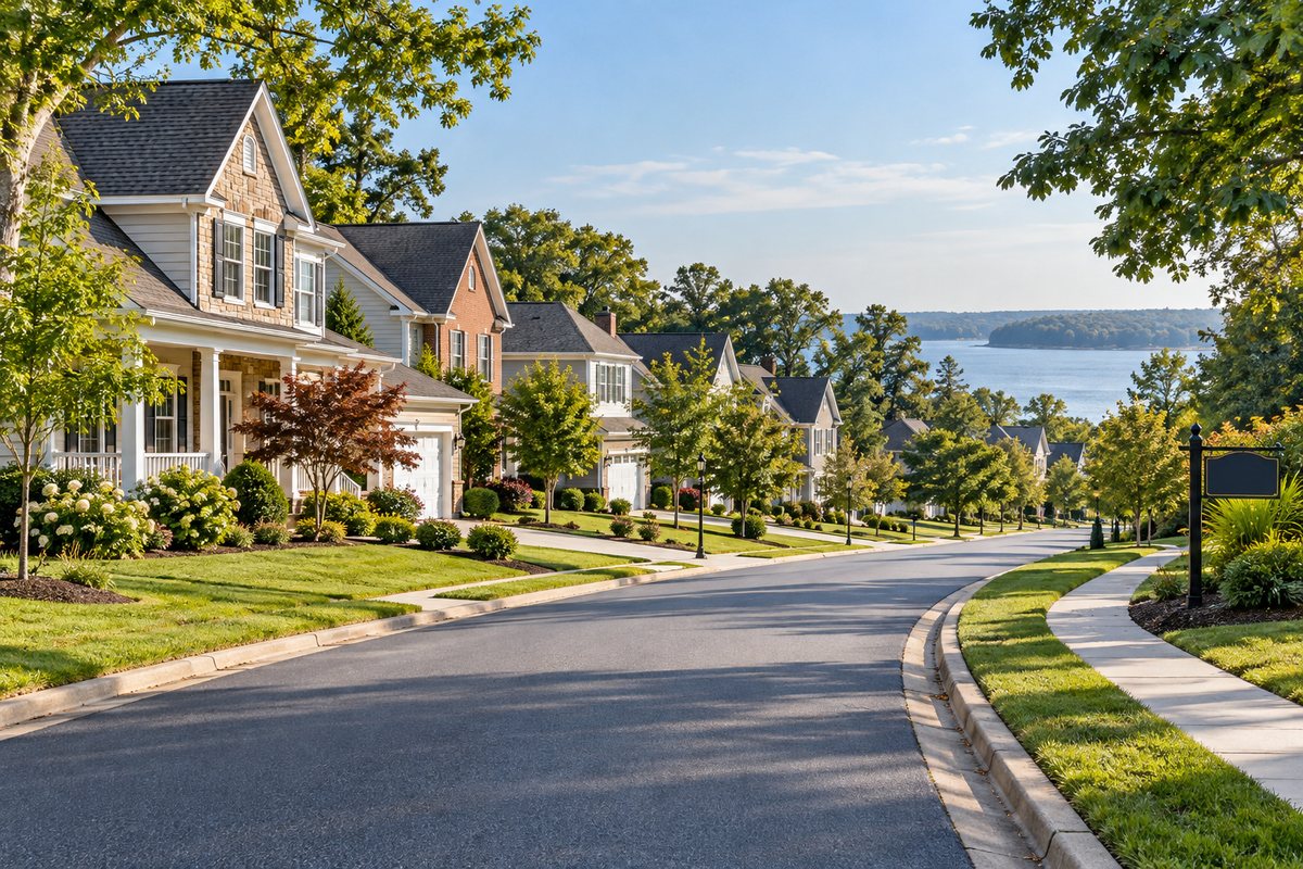 A quiet Southern Maryland residential street, illustrating why school assignments should be checked by property address.