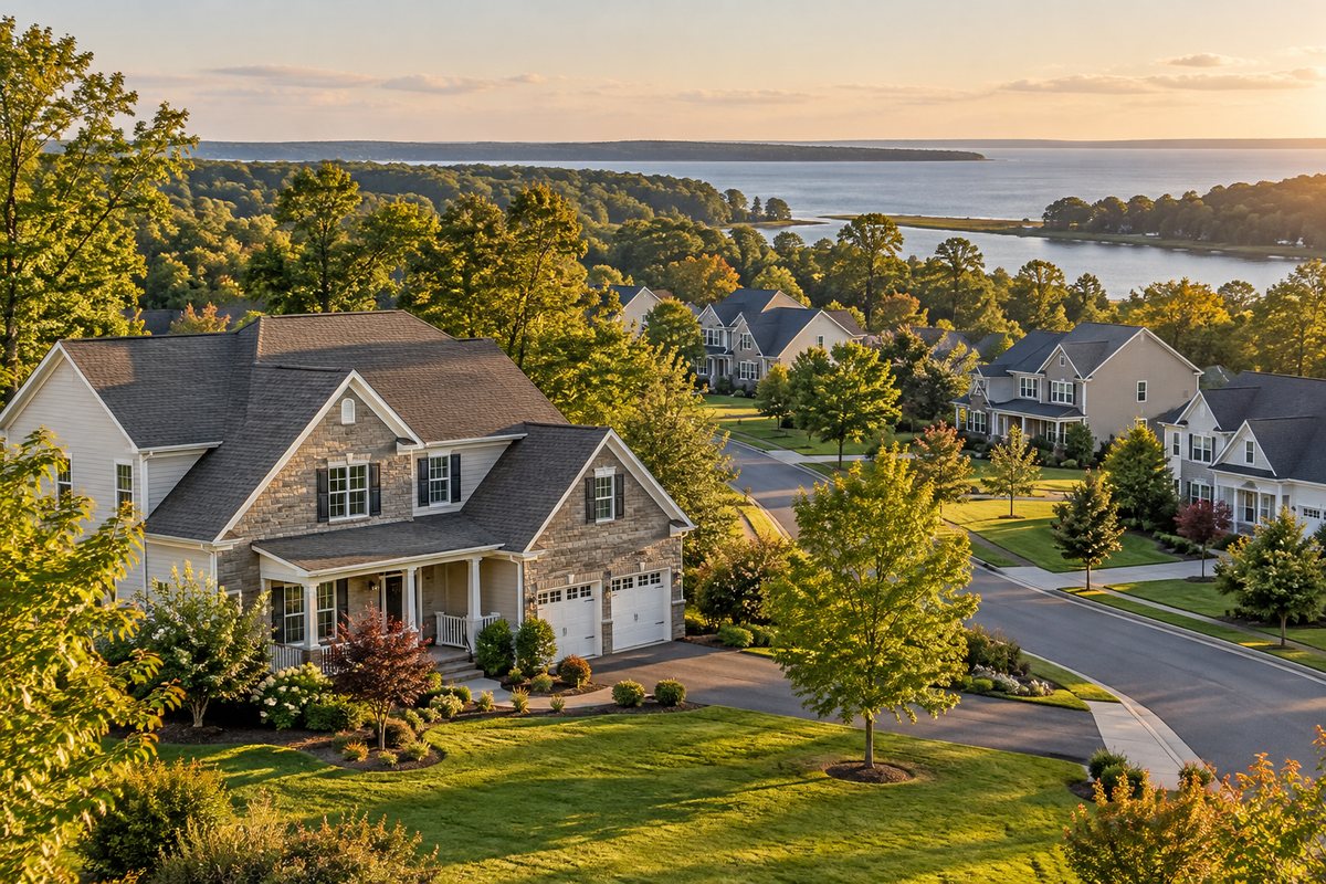 A view of homes and varied lots in a tree-lined Southern Maryland neighborhood, illustrating local home value factors.